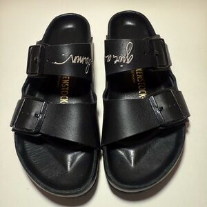Birkenstock x Lingua Franca NYC Black Leather Arizona Sandals “Give a Damn” 38